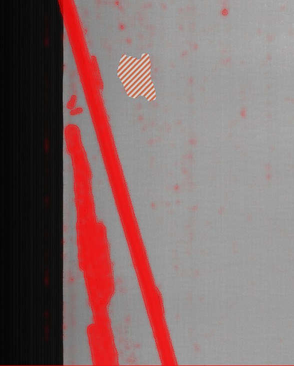 Line-scan image of a door skin with a crease flagged in red across the surface