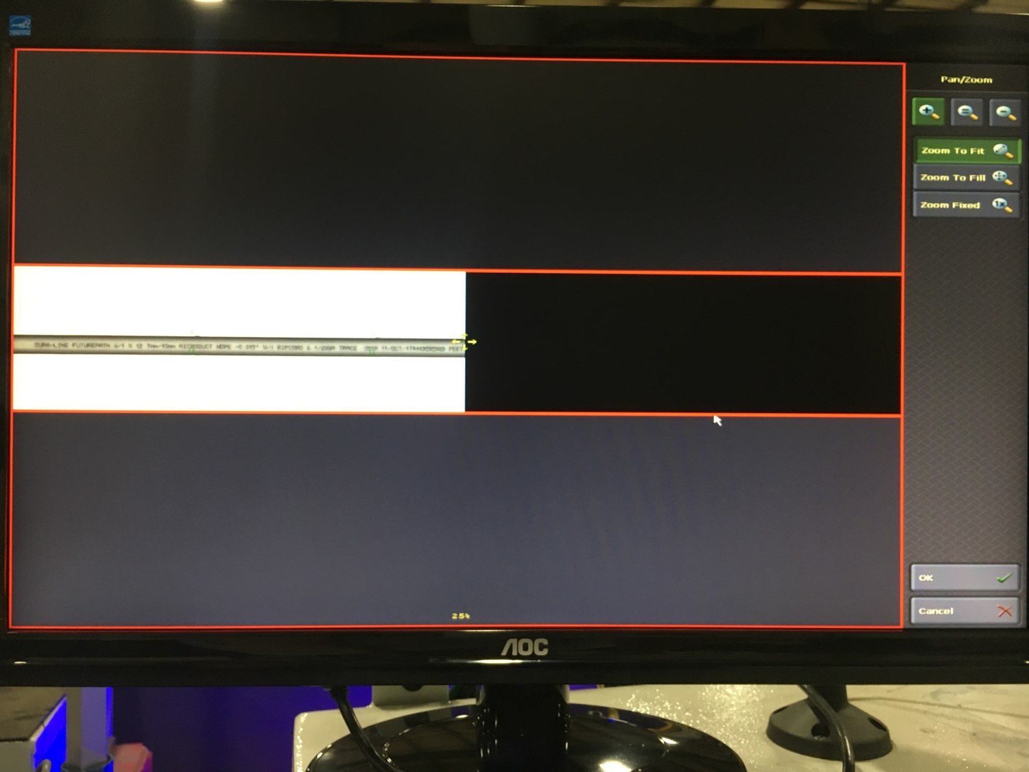 Camera view of the pipe surface with the printed code in the inspection window