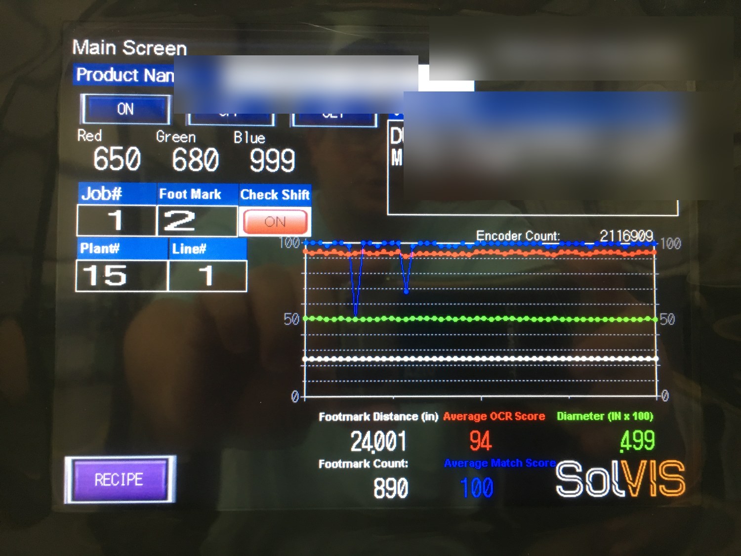 Operator screen showing the OCR read scores, match score, and diameter reading with a live trend