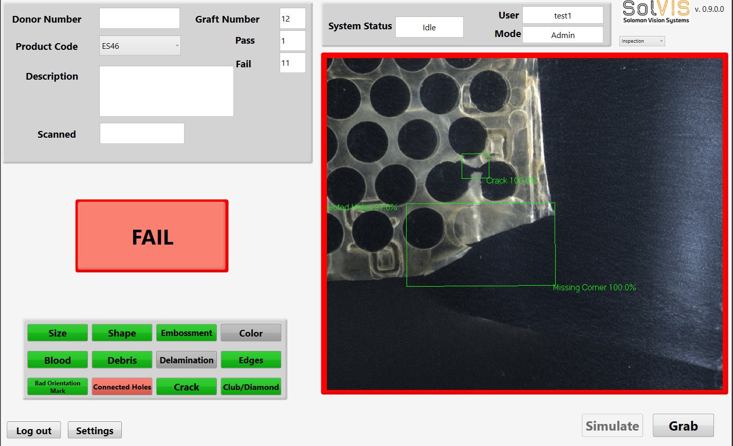 Inspection software flagging defects on a graft with a red FAIL result