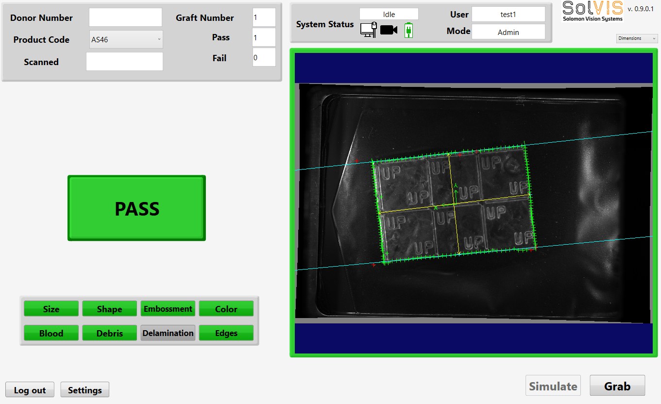 Inspection software showing a passing graft, aligned and measured, with a green PASS result