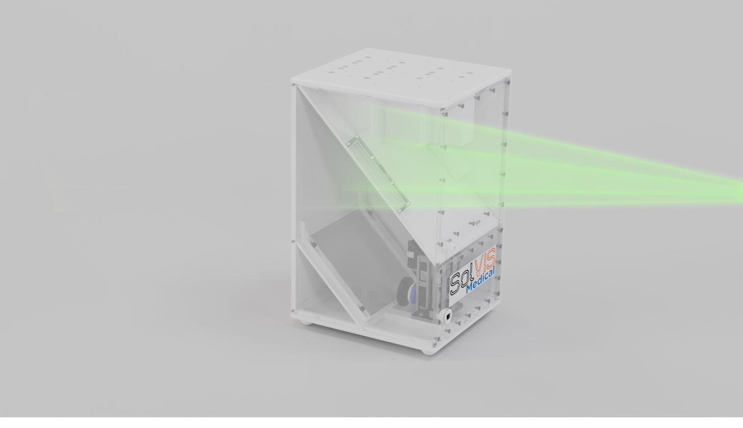 QA Tron scintillator QA box with a green laser beam
