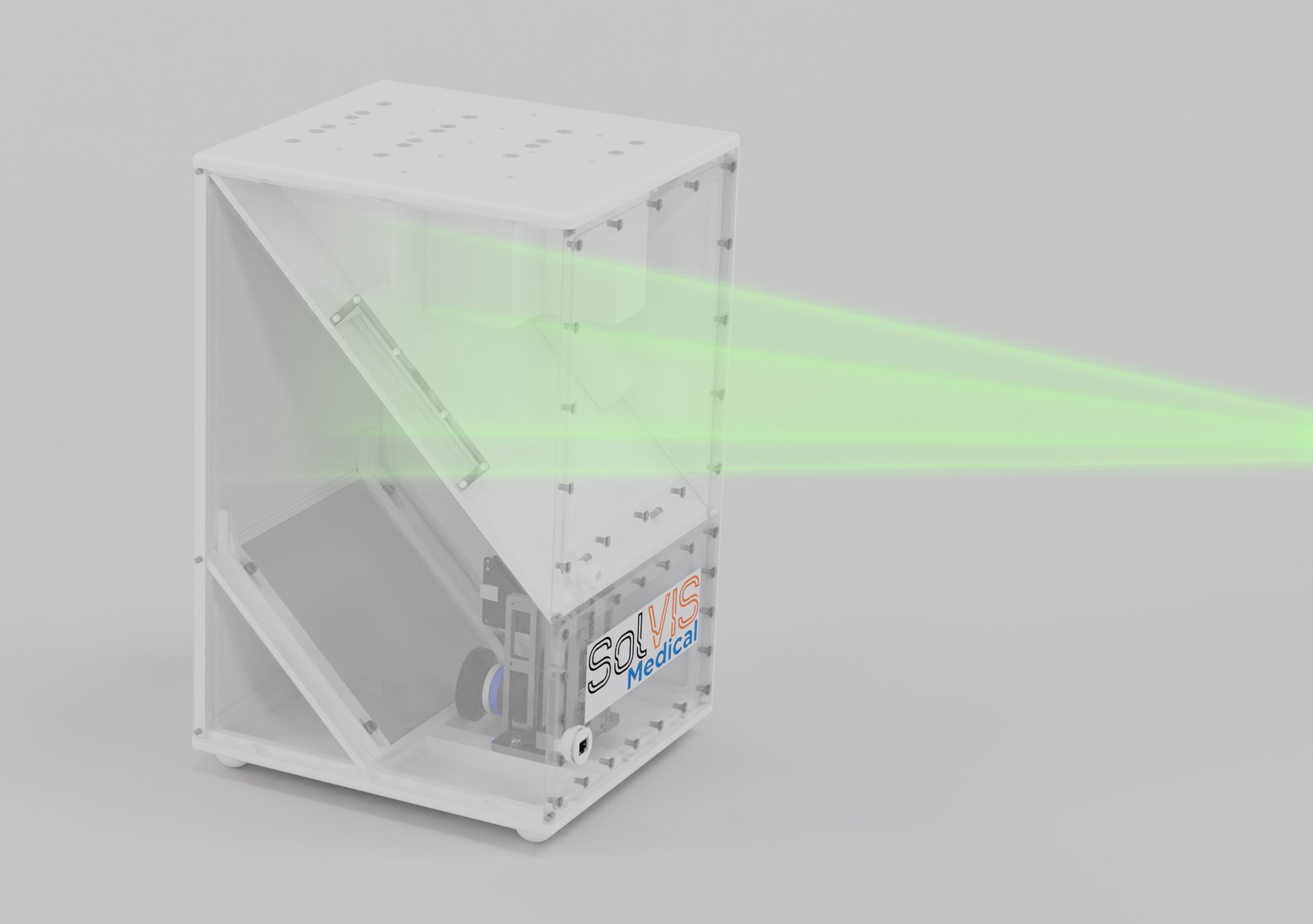 QA Tron enclosure rendered in transparent view with a green beam line passing through the scintillator volume and exiting the device.