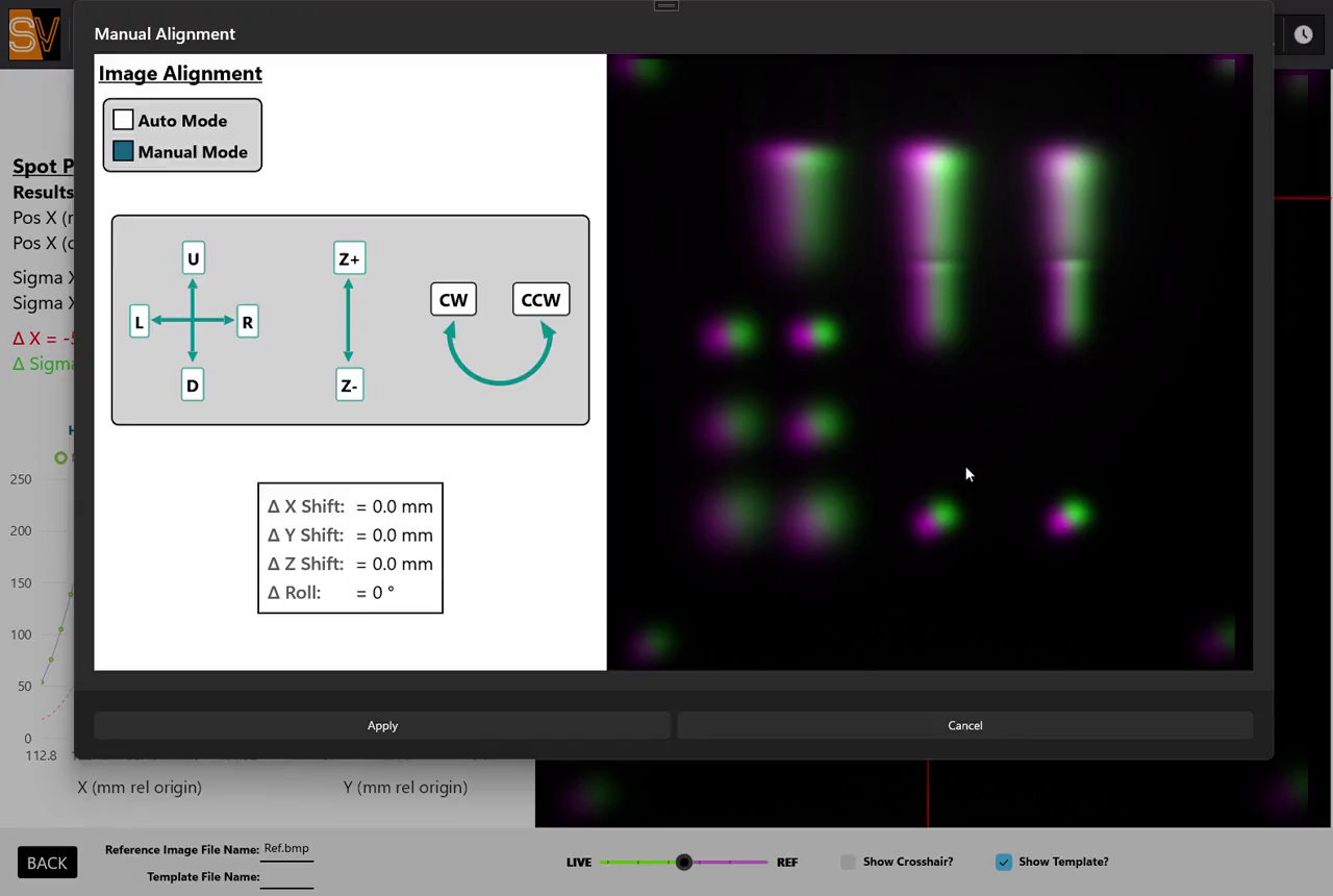 QA-Tron manual alignment dialog with up/down, left/right, Z, and roll controls, displayed X/Y/Z shift and roll values, and a magenta-green overlay of live versus reference images.
