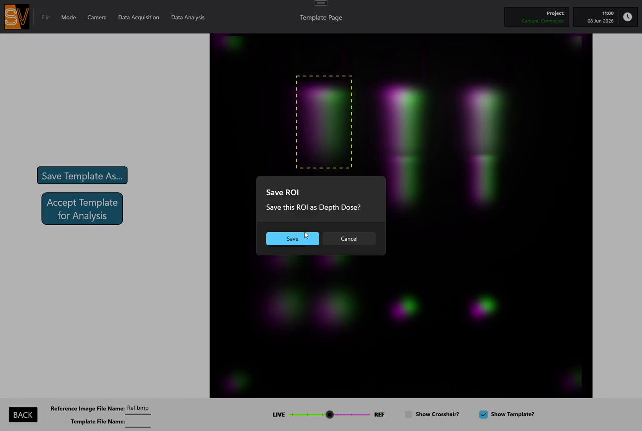 QA-Tron template page with rectangular ROIs drawn around wedge regions on the scintillation image, with Save Template and Accept Template for Analysis buttons.